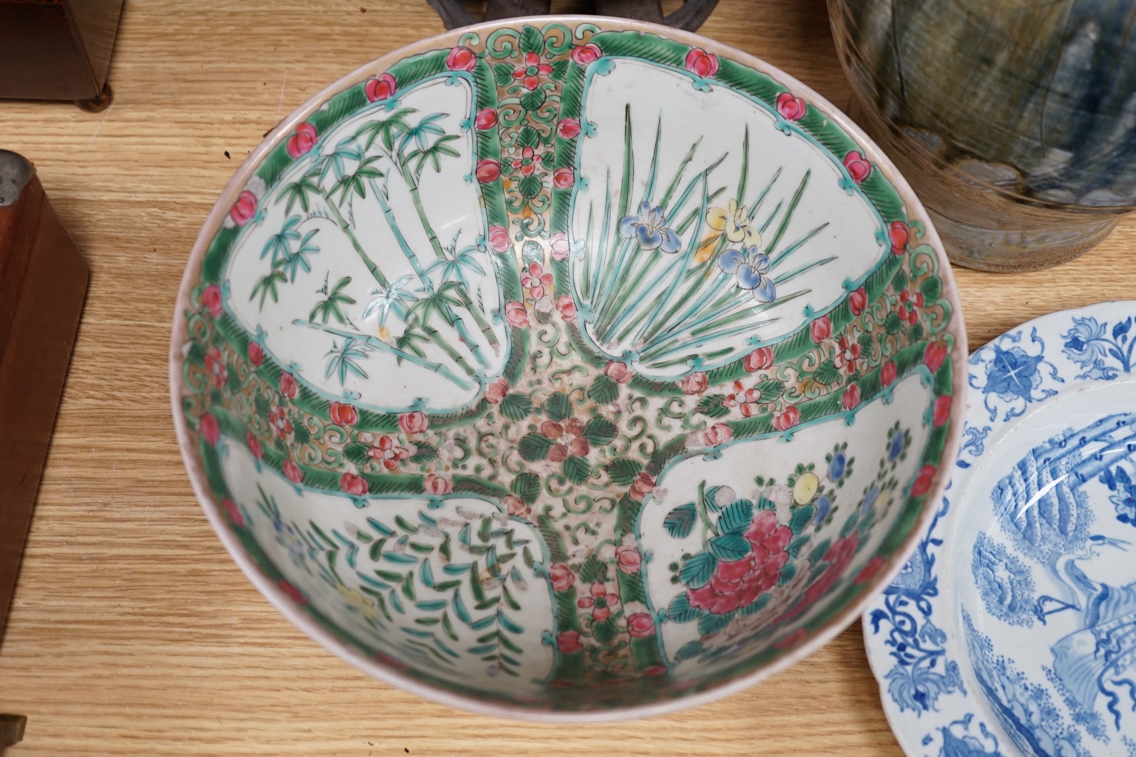 Two studio pottery vases, a Japanese enamelled porcelain bowl and a Masons Ironstone blue and white soup plate, tallest 28cm